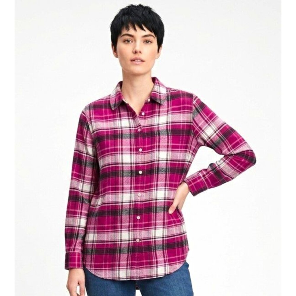 GAP Womens Shirt Top M Fuscia Pink Black Plaid Flannel Button Front Collared LS